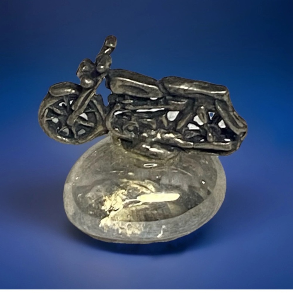 Mini Vintage Pewter/Sterling-Like Motorcycle Figurine on Dome-Size: Approx.1-2”